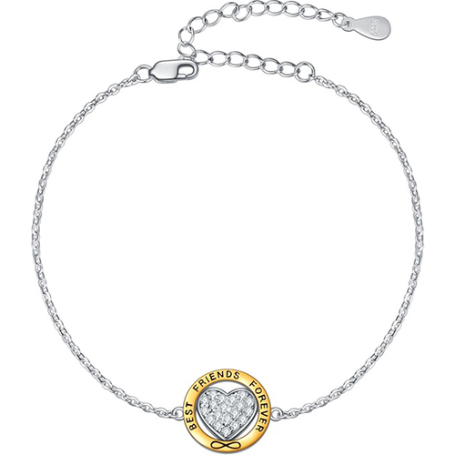 Sterling Silver Two-tone Circular Shaped Cubic Zirconia Heart & Infinity Symbol Charm Bracelet with Engraved Word
