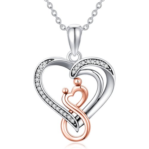 Sterling Silver Two-tone Circular Shaped Cubic Zirconia Heart & Infinity Symbol Pendant Necklace