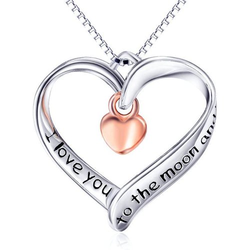 Sterling Silver Two-tone Circular Shaped Heart Pendant Necklace with Engraved Word