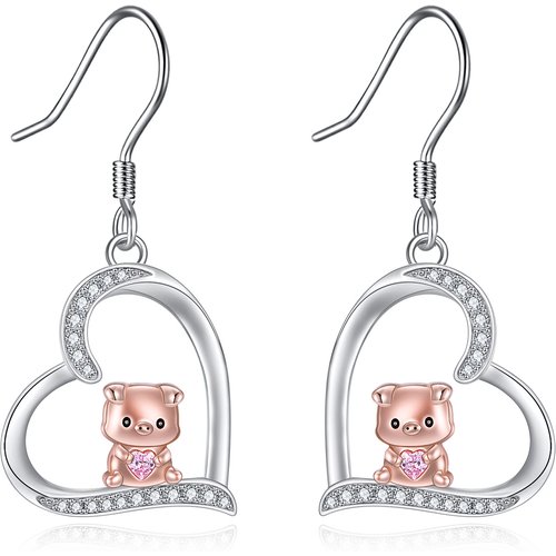 Sterling Silver Two-Tone Heart Cubic Zirconia Pig Drop Earrings For Women Best Friends