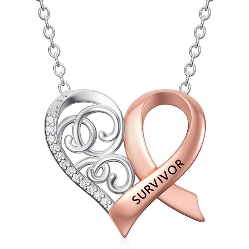 Sterling Silver Two-tone Circular Shaped Cubic Zirconia Heart & Ribbon Pendant Necklace with Engraved Word