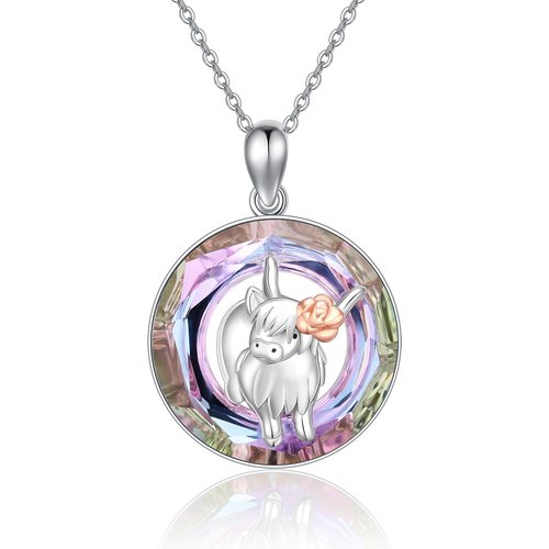 Sterling Silver Two-tone Circular Shaped Highland Cow Crystal Pendant Necklace