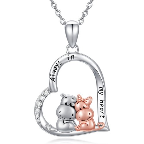Sterling Silver Two-tone Circular Shaped Cubic Zirconia Hippo & Heart Pendant Necklace with Engraved Word