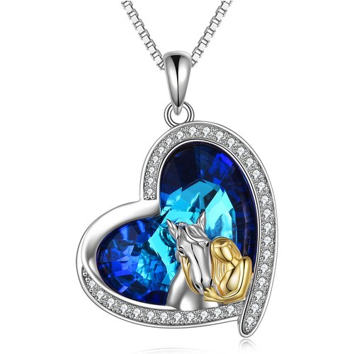Sterling Silver Two-tone Circular Shaped Horse & Heart Crystal Pendant Necklace