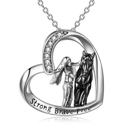 Sterling Silver Two-tone Circular Shaped Cubic Zirconia Horse & Heart Pendant Necklace with Engraved Word