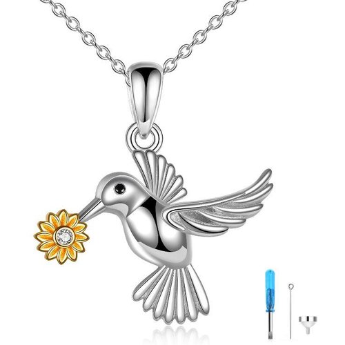 Sterling Silver Two-tone Circular Shaped Cubic Zirconia Hummingbird & Sunflower Urn Necklace for Ashes