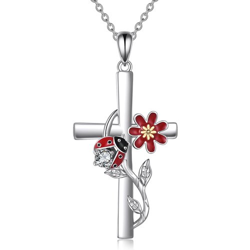 Sterling Silver Two-tone Circular Shaped Cubic Zirconia Ladybug & Cross Pendant Necklace