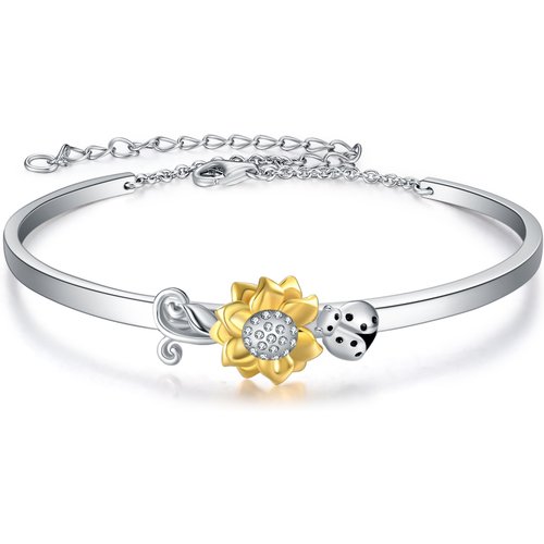Sterling Silver Two-tone Circular Shaped Cubic Zirconia Ladybug & Sunflower Pendant Bangle