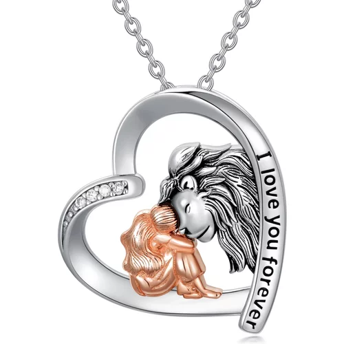 Sterling Silver Two-tone Circular Shaped Cubic Zirconia Lion & Heart Pendant Necklace with Engraved Word