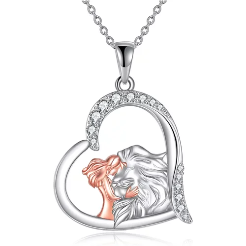 Sterling Silver Two-tone Circular Shaped Cubic Zirconia Lion & Heart Pendant Necklace