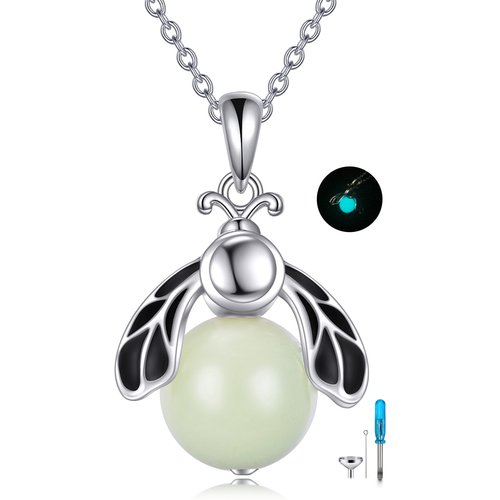Sterling Silver Two-tone Circular Shaped Luminous Stone Firefly Urn Necklace for Ashes