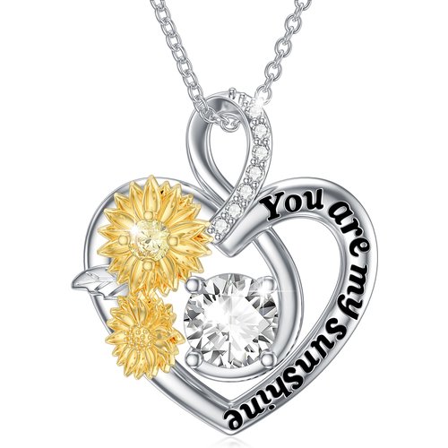 Sterling Silver Two-tone Circular Shaped Moissanite Sunflower & Heart Pendant Necklace with Engraved Word