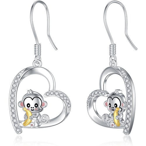 Sterling Silver Two-tone Circular Shaped Cubic Zirconia Monkey & Heart Drop Earrings