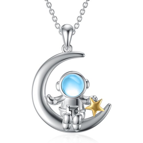 Sterling Silver Two-Tone Circular Moonstone Astronaut & Moon With Star Pendant Necklace For Women Men
