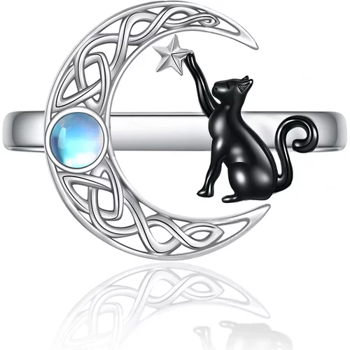 Sterling Silver Two-Tone Round Moonstone Cat & Celtic Knotwith Moon Star Open Ring For Women