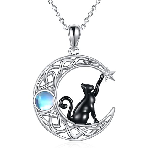 Sterling Silver Two-tone Circular Shaped Moonstone Cat & Moon Pendant Necklace