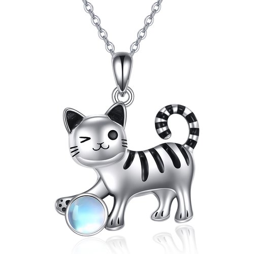 Sterling Silver Two-tone Circular Shaped Moonstone Cat Pendant Necklace