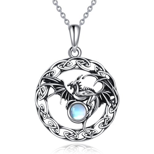 Sterling Silver Two-tone Circular Shaped Moonstone Dragon & Celtic Knot Pendant Necklace