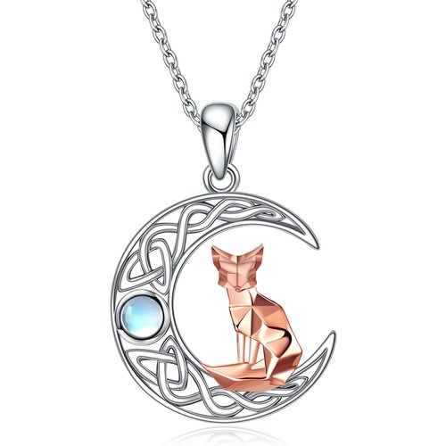 Sterling Silver Two-Tone Circular Moonstone Fox & Moon With Celtic Knot Pendant Necklace For Women