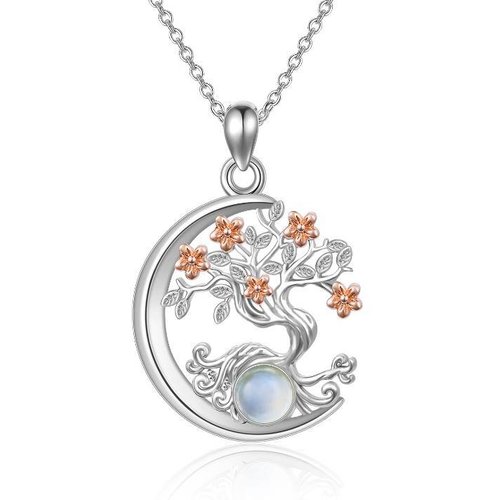 Sterling Silver Two-tone Circular Shaped Moonstone Tree Of Life & Moon Pendant Necklace