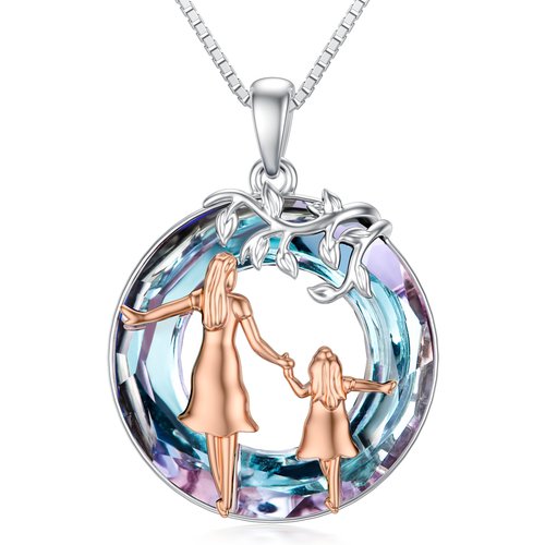 Sterling Silver Two-tone Circular Shaped Mother & Daughter Crystal Pendant Necklace
