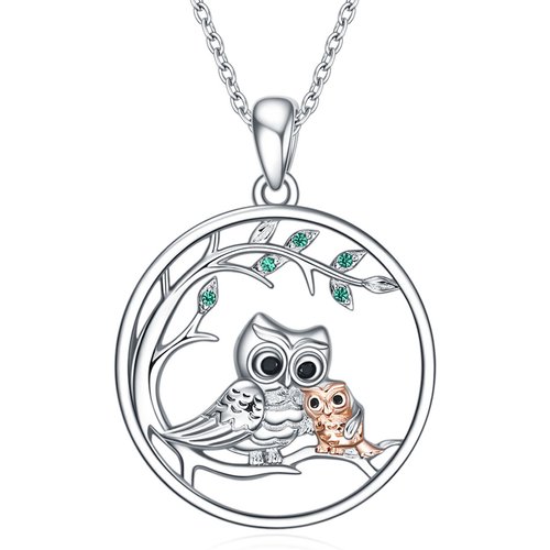 Sterling Silver Two-tone Circular Shaped Cubic Zirconia Owl Pendant Necklace For Mother & Daughter