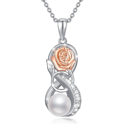 Sterling Silver Two-tone Circular Shaped Pearl Rose & Infinity Symbol Pendant Necklace