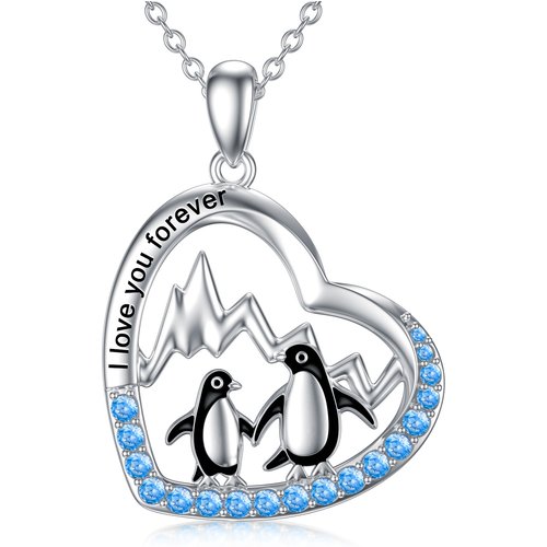 Sterling Silver Two-tone Circular Shaped Cubic Zirconia Penguin & Heart Pendant Necklace with Engraved Word