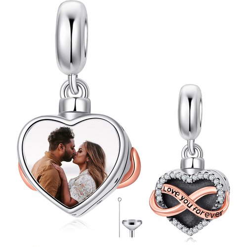 Sterling Silver Two-tone Circular Shaped Cubic Zirconia Personalized Photo & Heart Dangle Charm with Engraved Word