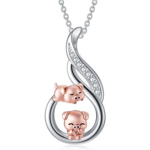Sterling Silver Two-tone Circular Shaped Cubic Zirconia Pig Pendant Necklace