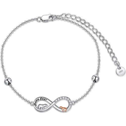 Sterling Silver Two-tone Circular Shaped Cubic Zirconia Polar Bear & Infinity Symbol Charm Bracelet