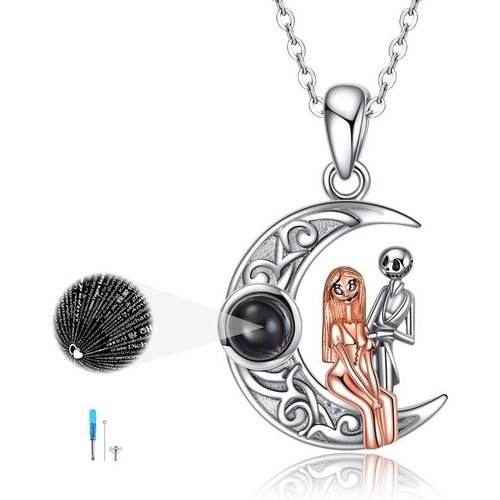 Sterling Silver Two-tone Circular Shaped Projection Stone Skull Urn Necklace for Ashes