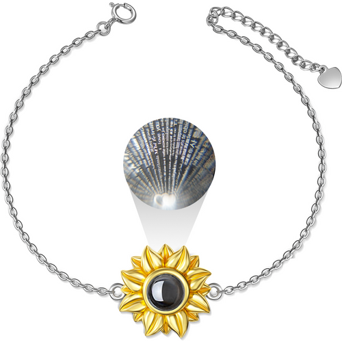 Sterling Silver Two-tone Circular Shaped Projection Stone Sunflower Charm Bracelet with Engraved Word