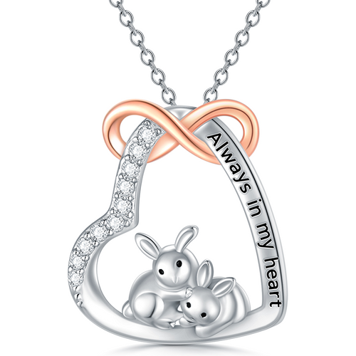 Sterling Silver Two-Tone Circular Cubic Zirconia Rabbit & Heart With Infinity Symbol Pendant Necklace For Women
