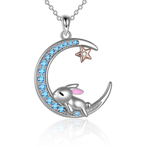 Sterling Silver Two-tone Circular Shaped Cubic Zirconia Rabbit & Moon Pendant Necklace