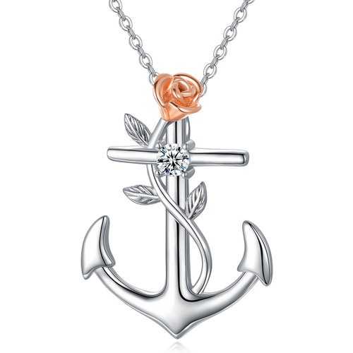 Sterling Silver Two-tone Circular Shaped Cubic Zirconia Rose & Anchor Pendant Necklace