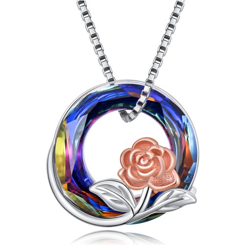 Sterling Silver Two-tone Circular Shaped Rose Crystal Pendant Necklace