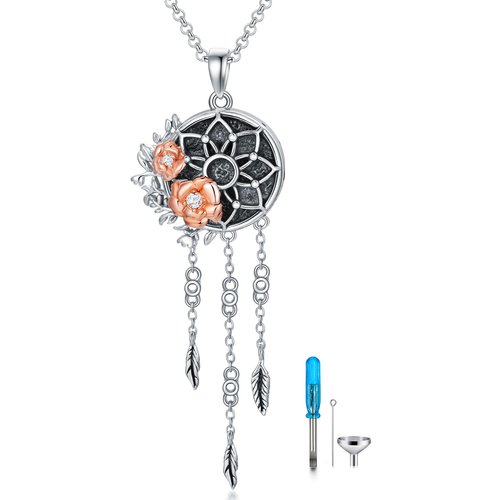 Sterling Silver Two-tone Circular Shaped Cubic Zirconia Rose & Dream Catcher Urn Necklace for Ashes