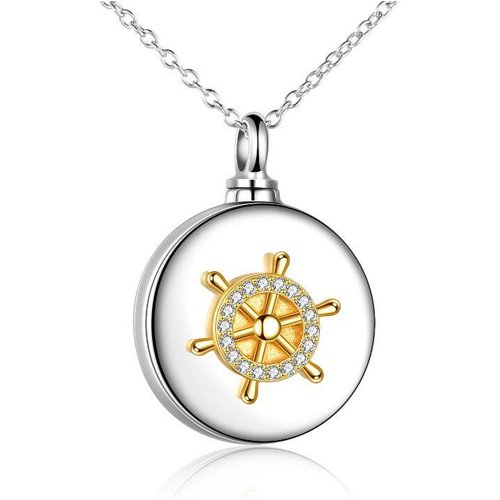 Sterling Silver Two-tone Circular Shaped Cubic Zirconia Rudder Urn Necklace for Ashes