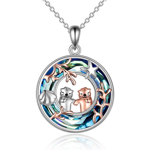 Sterling Silver Two-tone Circular Shaped Sea Otter Crystal Pendant Necklace