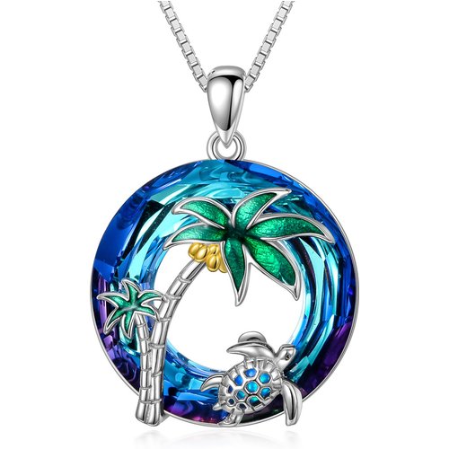 Sterling Silver Two-tone Sea Turtle & Coconut Tree Circular Crystal Necklace for Women