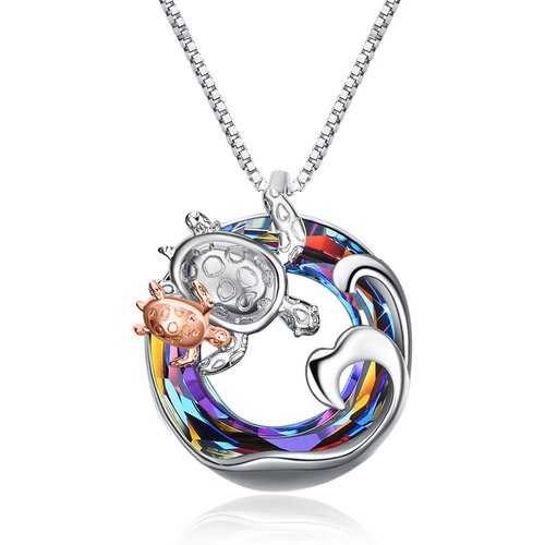 Sterling Silver Two-tone Circular Shaped Sea Turtle & Spray Crystal Pendant Necklace