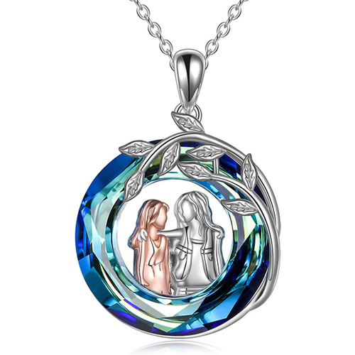 Sterling Silver Two-tone Circular Shaped Sisters Crystal Pendant Necklace