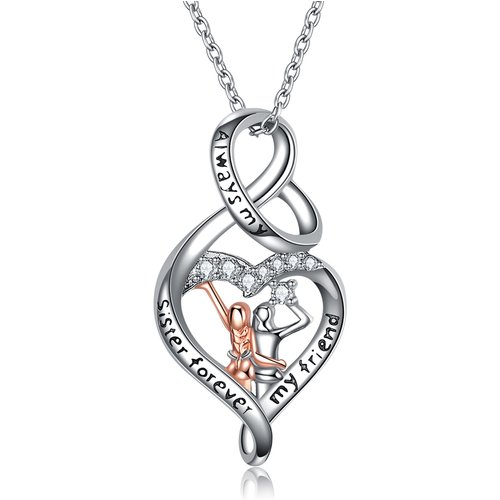 Sterling Silver Two-Tone Circular Cubic Zirconia Heart & Infinity Symbol Pendant Necklace With Engraved Word For Sister