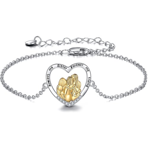 Sterling Silver Two-tone Circular Shaped Cubic Zirconia Sisters & Heart Charm Bracelet with Engraved Word