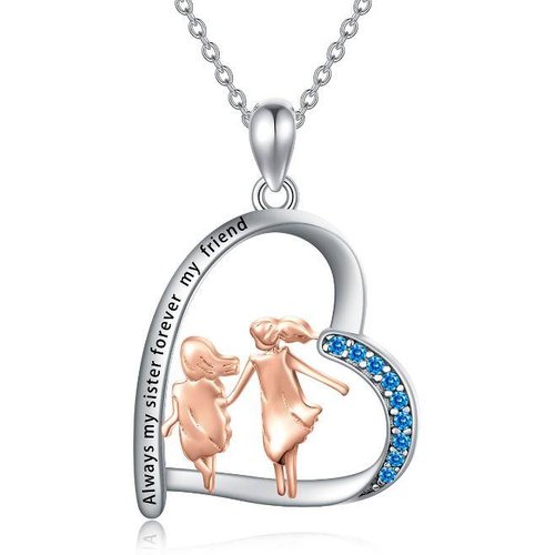 Sterling Silver Two-tone Circular Shaped Cubic Zirconia Sisters & Heart Pendant Necklace with Engraved Word