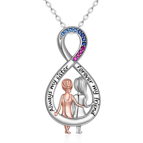Sterling Silver Two-tone Circular Shaped Cubic Zirconia Sisters & Infinity Symbol Pendant Necklace with Engraved Word