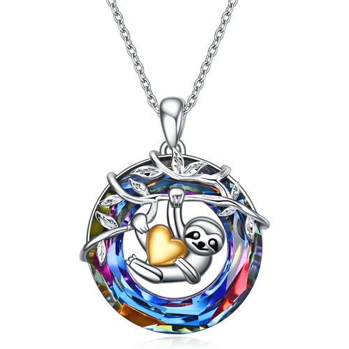 Sterling Silver Two-tone Circular Shaped Sloth & Gold Heart Crystal Pendant Necklace