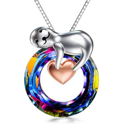 Sterling Silver Two-tone Circular Shaped Sloth & Heart Crystal Pendant Necklace