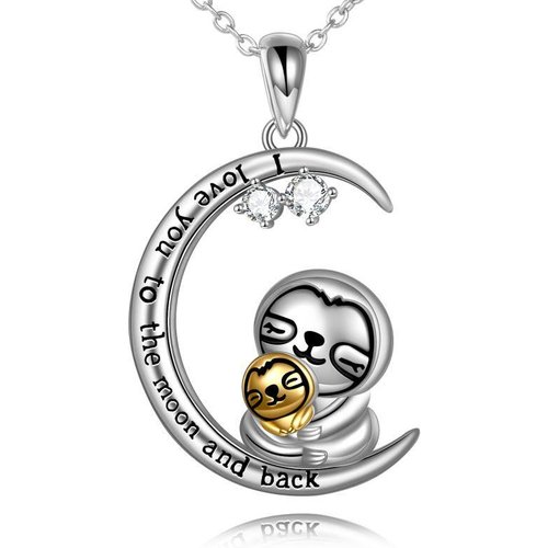 Sterling Silver Two-tone Circular Shaped Cubic Zirconia Sloth & Moon Pendant Necklace with Engraved Word